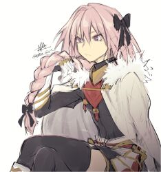 Rule 34 | 1boy, arm guards, armor, astolfo (fate), black bow, black thighhighs, bow, braid, cloak, crossed legs, fate/grand order, fate (series), fur-trimmed cloak, fur trim, garter straps, hair bow, hair intakes, holding, holding own hair, looking to the side, male focus, multiple hair bows, nmz (namazu), pink eyes, pink hair, signature, single braid, solo focus, thighhighs, trap, white background, white cloak
