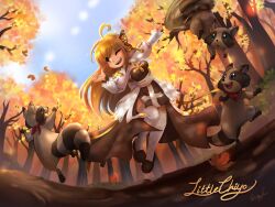 1girl ahoge arch_bishop_(ragnarok_online) autumn autumn_leaves bandana blonde_hair breasts brown_dress brown_eyes butterfly_wings cleavage_cutout clothing_cutout commentary cross day dress english_commentary fishnet_thighhighs fishnets full_body head_wings insect_wings juliet_sleeves jumping leaf long_hair long_sleeves looking_to_the_side medium_breasts one_eye_closed open_mouth orange_wings outdoors puffy_sleeves raccoon ragnarok_online red_bandana sash smile smokie_(ragnarok_online) solo thighhighs tree two-tone_dress warlockfier white_dress white_sash white_thighhighs wings