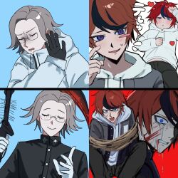 Rule 34 | 2boys, ahoge, angry, aotsuki eito, black gloves, black jacket, black pants, black streaks, blood, blood on face, blue eyes, blush, blush stickers, bound, bound arms, crying, crying with eyes open, disgust, drakeposting (meme), drawstring, gakuran, glasses, gloves, grey hair, grey jacket, heart, highres, holding, holding scythe, hood, hoodie, injury, jacket, jacket over hoodie, last defense academy school uniform, looking at viewer, male focus, meme, multicolored hair, multicolored jacket, multiple boys, pants, red hair, rope, school uniform, scratching cheek, scythe, short hair, simple background, siokonbu100, smile, spoilers, streaked hair, sumino takumi, tears, the hundred line -last defense academy-, two-tone jacket, weapon, white gloves, white hoodie, white jacket