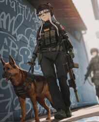 1boy 1girl alternate_costume assault_rifle black_jacket black_pants chest_rig closed_mouth cross_hair_ornament dgkamikaze dog german_flag german_shepherd girls&#039;_frontline girls&#039;_frontline_2:_exilium gloves graffiti green_eyes green_gloves green_shoes grey_hair gun h&amp;k_hk416 hair_ornament headphones heckler_&amp;_koch helmet highres hk416_(girls&#039;_frontline) holding holding_gun holding_leash holding_weapon jacket klukai_(girls&#039;_frontline_2) leash long_hair magazine_(weapon) pants rifle shadow shoes trigger_discipline twitter_username urban very_long_hair weapon
