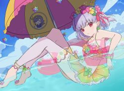 1girl artist_name beach_umbrella blue_sky child cincin cloud cloudy_sky commentary earrings fate/grand_order fate_(series) flower flower_bikini flower_earrings full_body grey_hair hair_flower hair_ornament highres innertube jewelry kama_(fate) kama_(swimsuit_avenger)_(fate) kama_(swimsuit_avenger)_(first_ascension)_(fate) looking_at_viewer partially_underwater_shot parvati_(fate) pout red_eyes saint_quartz_(fate) short_hair sky swim_ring swimsuit umbrella water