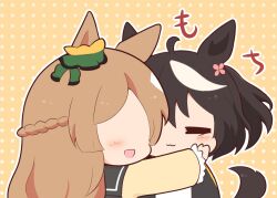 2girls :d =_= animal_ears black_hair black_jacket blush_stickers braid brown_background brown_hair brown_jacket cheek_squash chibi closed_eyes commentary_request faceless faceless_female flower gomashio_(goma_feet) hair_between_eyes hair_flower hair_ornament half_up_braid horse_ears horse_girl horse_tail jacket kitasan_black_(umamusume) long_hair long_sleeves multicolored_hair multiple_girls one_side_up open_clothes open_jacket open_mouth outline pink_flower polka_dot polka_dot_background profile satono_diamond_(umamusume) shirt sleeves_past_wrists smile streaked_hair tail umamusume upper_body white_hair white_outline white_shirt