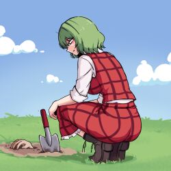 1girl 1other breasts buried ehehe52921343 green_hair highres kazami_yuuka looking_down medium_breasts outdoors red_vest short_hair touhou trowel vest