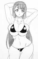1girl armpits arms_behind_head barefoot bikini black_bikini breasts bursting_breasts character_request cleavage feet highres hokuto_(tokuho) kneeling large_breasts legs long_hair looking_at_viewer monochrome navel parted_lips sideboob sketch solo swimsuit thighs very_long_hair