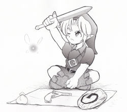 1boy aged_down bad_id bad_pixiv_id belt boots deku_shield fairy greyscale hat link male_focus monochrome mumumu_(atama07237029) navi nintendo one_eye_closed shield sitting slingshot_(weapon) solo sword the_legend_of_zelda weapon wink wooden_shield