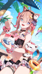 Rule 34 | 1girl, :d, absurdres, ahoge, animal ear fluff, animal ears, bare shoulders, black choker, black hairband, blue eyes, blue sky, braid, brown hair, cat, cat ears, cat tail, choker, cloud, day, food, food-themed hair ornament, hair ornament, hairband, hairclip, heterochromia, highres, holding, holding spoon, honkai (series), honkai impact 3rd, innertube, looking at viewer, nail polish, navel, official art, open mouth, orange hair ornament, pardofelis, pardofelis (midsummer collector), pink nails, purple nails, scrunchie, shaved ice, sky, smile, solo, spoon, starfish, stomach, swim ring, tail, thighs, twin braids, wrist scrunchie, yellow nails