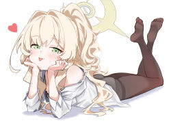 1girl absurdres alternate_costume alternate_hairstyle barefoot black_pantyhose blonde_hair blue_archive blush green_eyes hair_between_eyes hands_on_own_cheeks hands_on_own_face heart highres loli long_hair looking_at_viewer lying on_stomach panties panties_under_pantyhose pantyhose ponytail professor_niyaniya_(blue_archive) professor_niyaniya_(teacher)_(blue_archive) shichimi_yutsuki shirt sidelocks single_bare_shoulder solo the_pose tongue tongue_out underwear white_panties white_shirt