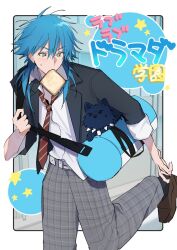 Rule 34 | adjusting clothes, animalization, bag, belt, belt buckle, black collar, black jacket, black socks, blue fur, blue hair, blush, border, bread, bread slice, brown footwear, buckle, carrying bag, clenched hand, collar, collared shirt, commentary, dog, dramatical murder, dress shirt, duffel bag, food, food in mouth, grey pants, hand up, heart, highres, ikaremanju, jacket, lapels, layered clothes, leg up, loafers, long sleeves, looking at animal, looking at another, mouth hold, necktie, pants, person and animalization, plaid clothes, pomeranian (dog), red necktie, ren (dramatical murder), school uniform, seragaki aoba, shirt, shoes, short hair with long locks, shoulder bag, socks, spiked collar, spikes, standing, standing on one leg, star (symbol), striped clothes, striped necktie, sweat, sweatdrop, toast, toast in mouth, translation request, untucked shirt, vertical-striped clothes, white belt, white border, white shirt, white wrist cuffs, wrist cuffs