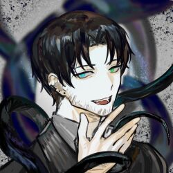 1boy :d black_hair black_suit blue_eyes curtained_hair earrings facial_hair formal_clothes goatee_stubble green_eyes hand_up heterochromia jewelry male_focus multiple_earrings open_mouth original portrait shirt short_hair smile solo stubble stud_earrings suit tentacles white_shirt wuruko