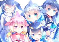 Rule 34 | &gt;:o, &gt;;d, 10s, 5girls, :3, :o, ;d, absurdres, ascot, black-framed eyewear, black ascot, blonde hair, blue ascot, blue hair, blue whale (kemono friends), chinese white dolphin (kemono friends), choker, closed eyes, closed mouth, common bottlenose dolphin (kemono friends), common dolphin (kemono friends), dress, facing viewer, fins, glasses, gradient hair, hair between eyes, hair ornament, hair ribbon, head fins, highres, kanzakietc, kemono friends, long hair, long sleeves, looking at viewer, multicolored hair, multiple girls, narwhal (kemono friends), one eye closed, open mouth, pink choker, pink hair, puffy short sleeves, puffy sleeves, ribbon, round eyewear, sailor dress, semi-rimless eyewear, short hair, short sleeves, simple background, smile, sweater, sweater dress, tareme, teeth, tongue, tsurime, turtleneck, turtleneck sweater, two-tone hair, under-rim eyewear, v, v-shaped eyebrows, white background, white dress, white ribbon