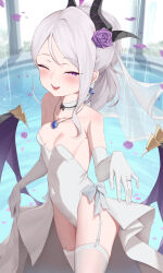 Rule 34 | 1girl, :d, absurdres, bare shoulders, blue archive, blush, breasts, choker, closed eyes, cowboy shot, demon girl, demon horns, demon wings, dress, earrings, elbow gloves, facing viewer, flower, gloves, hair flower, hair ornament, happy tears, highres, hina (blue archive), horns, jewelry, kareya (jixo95821699), long hair, looking at viewer, necklace, nose blush, open mouth, ring, see-through clothes, small breasts, smile, solo, standing, strapless, strapless dress, tears, wedding, wedding dress, wedding ring, white choker, wings