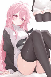 Rule 34 | 1girl, antenna hair, black panties, black sweater, black thighhighs, blush, breasts, commentary, deyui, highres, knees up, long hair, long sleeves, mumble (shachimu), original, panties, pantyshot, pink eyes, pink hair, simple background, sitting, sleeves past wrists, solo, solo focus, stuffed orca, sweater, thighhighs, thighs, two-tone sweater, underwear, white background, white sweater