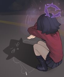 1girl absurdres black_boots black_skirt blue_archive boots cat_shadow_puppet_(meme) crossed_arms from_behind haruka_(blue_archive) highres long_hair mmm5162 purple_hair red_shirt shirt skirt solo squatting