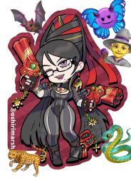 1girl ankle_gun bayonetta bayonetta_(series) bayonetta_1 beehive_hairdo black-framed_eyewear black_bodysuit bodysuit breasts chain chibi chibi_only cleavage cleavage_cutout clothing_cutout commentary_request dancho_no_mori dual_wielding earrings elbow_gloves emoji eyeshadow full_body glasses gloves gold_chain gun hair_ribbon handgun high_heels highres holding jewelry large_breasts lipstick long_hair makeup mole mole_under_mouth one_eye_closed purple_eyeshadow purple_lips red_ribbon ribbon semi-rimless_eyewear solo teeth upper_teeth_only very_long_hair weapon