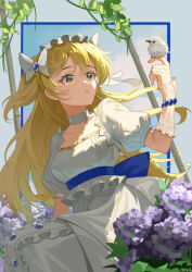 1girl absurdres bird bird_on_hand blonde_hair blue_background bow breasts choker dress floating_hair flower frilled_choker frilled_dress frilled_hairband frills green_eyes hair_bow hairband hand_up highres hydrangea looking_at_animal on_swing puffy_short_sleeves puffy_sleeves purple_flower reverse:1999 short_sleeves sidelighting sitting solo sotheby swing turning_head two_side_up upper_body white_bird white_bow white_choker white_dress yyoumeng