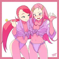 2girls anemone_(eureka_seven) blush candy commission crossover cynthia_lane embarrassed eureka_seven eureka_seven_(series) flat_chest food fundoshi green_eyes highres holding holding_candy holding_food holding_lollipop japanese_clothes lollipop long_hair looking_at_another mizu_happi multiple_girls navel open_mouth overman_king_gainer pink_hair purple_eyes skeb_commission smile tocky twintails