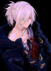 1boy black_background blood blood_on_clothes blood_on_face coat eyeshadow eyeshadow_under_eye fate/grand_order fate_(series) hair_between_eyes karna_(fate) makeup male_focus ngg_n pale_skin ponytail red_eyeshadow scar scar_on_chest scar_on_neck shirt simple_background solo upper_body white_hair