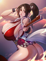 1girl absurdres ass breasts brown_hair curvy fan fatal_fury high_ponytail highres huge_ass huge_breasts kunai lips looking_at_viewer ponytail revealing_clothes shiny_skin shiranui_mai the_king_of_fighters thong weapon wide_hips xuuikie_ashe