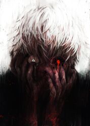 1boy absurdres black_nails black_sclera black_shirt blood blood_on_arm blood_stain colored_sclera crying crying_with_eyes_open eye_trail glowing glowing_eye grey_eyes hands_on_own_face heterochromia highres kaneki_ken light_trail male_focus mismatched_sclera red_eyes shaded_face shadow shirt short_hair solo tears tokyo_ghoul underlighting white_background white_hair xa8uofivf2mcart