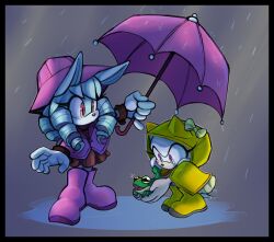 2girls animal_ears anya_the_rabbit aura_the_hedgehog black_border blue_fur blue_hair blush boots border brown_dress dress frog furry furry_female gloves highres holding holding_umbrella jacket lebluenooki multiple_girls open_clothes open_jacket original outside_border pink_eyes puddle purple_boots purple_jacket rabbit_ears rabbit_girl raincoat ringlets sonic_(series) umbrella white_fur white_gloves yellow_boots yellow_raincoat yellow_umbrella