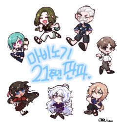 3girls 4boys age_difference chibi chibi_only cowenna eochaid_(mabinogi) green_hair grey_hair highres iolar_(mabinogi) kr1_hueun loiscneach_(mabinogi) mabinogi multiple_boys multiple_girls rowan_(mabinogi) simple_background