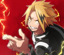 10s blonde_hair boku_no_hero_academia dutch_angle electricity fang gradient_background grin index_finger_raised jacket kaminari_denki komiya_harumoto looking_at_viewer male_focus multicolored_hair open_clothes open_jacket red_background smile solo streaked_hair yellow_eyes zipper