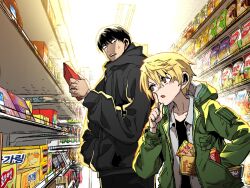 2boys androgynous bishounen black_hair black_jacket blonde_hair candy collared_shirt convenience_store eyeliner finger_to_mouth food high_school_boy highres hong_iltak jacket korean_commentary korean_text lee_hyunwoo makeup male_focus multiple_boys official_art open_clothes open_shirt parkgee red_eyeliner red_eyes sanpaku shirt shop shoplifting short_hair sweatdrop theft white_shirt