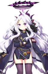 1girl black_gloves black_halo blue_archive blue_coat blue_jacket blush closed_mouth coat commentary_request commission cowboy_shot crossed_arms demon_horns gloves grey_hair hair_ornament hairclip halo highres hina_(blue_archive) horns jacket long_hair long_sleeves looking_at_viewer multiple_horns open_clothes open_coat parted_bangs purple_eyes purple_thighhighs ruu_(tksymkw) second-party_source simple_background skeb_commission solo thighhighs white_background