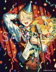 1boy :d blonde_hair blue_eyes blue_hair blurry bouquet commentary_request confetti copyright_notice depth_of_field flower glasses hat hibachi_mana holding holding_bouquet male_focus microphone multicolored_hair nijisanji official_art open_mouth orange_flower party_hat round_eyewear sample_watermark shirt smile solo spotlight streaked_hair streamers teeth tongue ugonba_(howatoro) upper_teeth_only virtual_youtuber watermark white_shirt yellow_flower