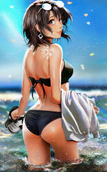1girl absurdres ass back bikini black_bikini black_hair commentary_request earrings eyewear_on_head from_behind grace16 halterneck highres holding holding_shoes holding_unworn_clothes horizon jewelry looking_at_viewer looking_back medium_hair ocean outdoors purple_eyes shoes shoulder_blades sky solo swimsuit unworn_shoes wading water yahari_ore_no_seishun_lovecome_wa_machigatteiru. yukinoshita_haruno