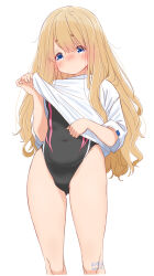 1girl black_one-piece_swimsuit blonde_hair blue_eyes clothes_lift covered_navel feet_out_of_frame hair_between_eyes highleg highleg_one-piece_swimsuit highres lifting_own_clothes long_hair one-piece_swimsuit original retsumaru shirt shirt_lift simple_background solo swimsuit white_background white_shirt