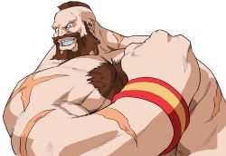 Rule 34 | 1boy, armband, beard, bengus, brown hair, chest hair, clenched hand, facial hair, game cg, grin, highres, looking at viewer, male focus, mohawk, multiple scars, muscular, muscular male, non-web source, official art, parted lips, portrait, scar, scar on arm, simple background, smile, solo, street fighter, street fighter zero (series), teeth, topless male, upper body, upper teeth only, veins, veiny face, white background, wrestler, zangief