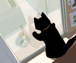 1other absurdres ahoge animal avogado6 black_cat brown_hair cat day from_behind highres indoors long_sleeves netorare original petting photo_(object) reflection short_hair squatting surprised tail_raised window
