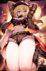 1girl absurdres arms_behind_head belt black_belt black_jacket black_shorts blonde_hair blush breasts combat_helmet commentary_request crop_top cutoffs helmet highres jacket long_hair luciana_de_montefio medium_breasts midriff navel one_side_up open_clothes open_jacket parted_lips pickelhaube red_eyes short_shorts shorts solo takemura_kou thighs torn_clothes zenless_zone_zero