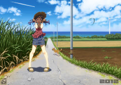 1girl 2012 aoi_sora_(pairan) artist_logo blue_skirt blue_sky brown_hair cloud cloudy_sky collarbone commentary contrail dated day denim denim_skirt dog field floating_hair frilled_shirt_collar frills grass hands_on_headwear hands_up hat legs_apart logo miniskirt ocean original outdoors pairan pencil_skirt perspective pigeon-toed plaid_clothes plaid_shirt power_lines purple_shirt road sandals shadow shirt short_sleeves skirt sky sleeveless sleeveless_shirt slides solo standing straight-on striped_sweatband sun_hat twintails utility_pole water white_shirt wide_shot wind wind_turbine windmill