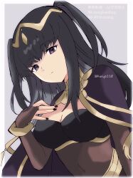 Rule 34 | 1girl, black bridal gauntlets, black hair, blunt bangs, bodystocking, bracelet, breasts, bridal gauntlets, cape, circlet, cleavage, closed mouth, covered navel, fire emblem, fire emblem awakening, hand on own chest, highres, jewelry, kiriya (552260), long hair, looking at viewer, medium breasts, navel, nintendo, purple eyes, see-through bridal gauntlets, simple background, skin tight, solo, tharja (fire emblem), tiara, two side up