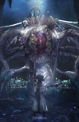 1boy alien alternate_form bad_id bad_twitter_id black_footwear black_gloves bloodborne boots cave commentary copyright_name dark ebrietas_daughter_of_the_cosmos elbow_gloves eldritch_abomination extra_arms facing_away full_body gloves green_eyes highres hunter_(bloodborne) hunter_(bloodborne)_(milkweed) light_particles light_rays looking_at_another mono_(jdaj) monster outstretched_arm outstretched_hand robe size_difference skeletal_wings slug stalagmite star_(symbol) tentacles white_robe wings