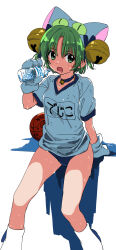 &lt;|&gt;_&lt;|&gt; 1girl absurdres animal_hat anzu_yoshihiro ball basketball_(object) bell bottle buruma cat_hat clothes_writing dejiko di_gi_charat gloves green_eyes green_hair gym_shirt gym_uniform hair_bell hair_ornament hat highres holding holding_bottle jingle_bell looking_at_viewer open_mouth ribbon shirt short_hair short_sleeves simple_background sitting solo sweat two_side_up water_bottle white_background white_gloves white_hat