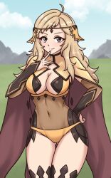 Rule 34 | 1girl, absurdres, black thighhighs, blonde hair, blue eyes, blue sky, blush, breasts, brown cape, cape, circlet, cleavage, cloud, covered navel, finger on chin, fire emblem, fire emblem fates, gauntlets, grass, grey eyes, groin, hand on own hip, hayato stuff, highres, medium breasts, mountain, mountainous horizon, navel, nintendo, ophelia (fire emblem), panties, revealing clothes, sky, smile, solo focus, thighhighs, two-tone cape, underwear, yellow cape, yellow panties