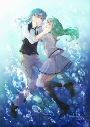1413_ringo 1boy 1girl absurdres ansatsu_kyoushitsu black_socks black_vest blue_eyes blue_hair bubble green_hair grey_jacket grey_pants grey_skirt hands_on_another&#039;s_face highres jacket kayano_kaede kunugigaoka_middle_school_uniform long_hair looking_at_another pants school_uniform shiota_nagisa shirt shoes skirt socks vest white_shirt yellow_eyes