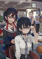 1boy 3girls achiki_(vtuber) arm_up ball basketball_(object) bat_wings belt_collar beret biting black_choker black_hair black_hat black_shirt black_skirt blonde_hair blue_eyes blue_hair blue_horns blue_sweater_vest blue_wings bow bowtie box bracelet chair choker clock clothes_hanger collar colored_inner_hair dress_shirt earrings facial_mark grey_necktie hair_between_eyes hat heart heart_tail highres holding holding_box horns houndstooth ichinose_uruha ichinose_uruha_(2nd_costume) ichinose_uruha_(6th_costume) indie_virtual_youtuber jewelry komori_met lupinus_virtual_games multicolored_hair multiple_girls necktie neo-porte open_door parted_bangs pendant_choker pink_eyes pleated_skirt purple_eyes red_bow red_bowtie red_eyes red_horns red_shoes red_wings round_eyewear sailor_collar shakkiyi sharp_teeth shirayuki_reid shirt shirt_tucked_in shoes short_sleeves sitting skirt sleeves_rolled_up small_horns socks sweater_vest table tail teeth tie_clip unworn_clothes unworn_eyewear virtual_youtuber vspo! white_shirt white_socks wings yellow_sweater_vest