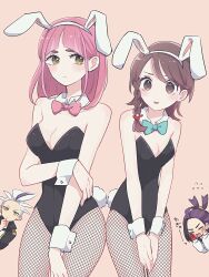 Rule 34 | 2boys, 2girls, animal ears, bare shoulders, black hair, black leotard, blush, bow, bowtie, braid, breasts, brown eyes, brown hair, cleavage, closed eyes, closed mouth, commentary request, detached collar, drayton (pokemon), eyelashes, fake animal ears, gloves, hair ornament, highres, jacket, juliana (pokemon), kieran (pokemon), lacey (pokemon), leotard, long hair, long sleeves, multicolored hair, multiple boys, multiple girls, nintendo, open clothes, open mouth, pink hair, playboy bunny, pokemon, pokemon sv, purple hair, rabbit ears, rabbit tail, red gloves, shinogo no, shirt, short hair, smile, strapless, strapless leotard, tail, two-tone hair, white hair, white jacket, white shirt, wrist cuffs, yellow eyes