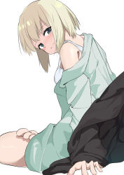 1girl 8sjqzhap4pupzkc :s absurdres blonde_hair blush erica_hartmann green_eyes green_hoodie highres hood hoodie looking_at_viewer simple_background sitting strike_witches tank_top toes white_background world_witches_series
