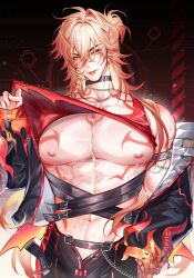 Rule 34 | 1boy, abs, absurdres, arm tattoo, astercatto, black jacket, black pants, blonde hair, braid, chest tattoo, clothes lift, facial tattoo, gradient hair, hair between eyes, highres, honkai: star rail, honkai (series), jacket, large pectorals, male focus, medium hair, multicolored hair, muscular, muscular male, mydei (honkai: star rail), off shoulder, open clothes, open jacket, pants, pectorals, ponytail, red hair, red shirt, red tattoo, shirt, shirt lift, side braid, sleeveless, sleeveless shirt, solo, tattoo, tongue, tongue out, yellow eyes