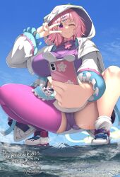 1girl absurdres blue_sky breasts commission giant giantess highres holding holding_phone hood hooded_jacket jacket japan large_breasts lien mount_fuji phone saigyouji_yuyuko saigyouji_yuyuko_(cyber_ghost) selfie selfie_stick single_thighhigh skeb_commission sky solo squatting thighhighs touhou touhou_lostword v white_jacket