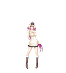 1girl azarin_(kouyoku_senki_exs-tia) blonde_hair boots breasts cleavage cleavage_cutout clothing_cutout full_body game_cg hair_intakes hairband hand_on_own_hip highres inoino knee_boots kouyoku_senki_exs-tia large_breasts large_variant_set long_hair looking_at_viewer meme_attire miniskirt multicolored_hair non-web_source official_art open-chest_sweater open_mouth pink_hair pleated_skirt purple_hair red_eyes ribbed_sweater skirt smile solo sweater transparent_background turtleneck variant_set very_long_hair