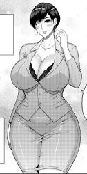 1girl blush bra breasts cleavage curvy earrings formal_clothes greyscale huge_breasts jacket jewelry looking_at_viewer mature_female monochrome necklace office_lady one_eye_closed original pencil_skirt short_hair shunjyo_shusuke skirt smile solo suit thighs underwear