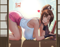 Rule 34 | 1girl, all fours, artist name, bare shoulders, blush, breasts, brown eyes, brown hair, commentary request, covered erect nipples, dolphin shorts, elbow rest, fatal fury, feet out of frame, folded fan, folding fan, from side, hand fan, head rest, heart, high ponytail, highres, holding, holding fan, large breasts, long hair, looking at viewer, looking to the side, motoyui, official alternate costume, parted lips, pink shorts, ponytail, see-through clothes, see-through shirt, shiranui mai, shirt, shorts, shouji, sliding doors, solo, street fighter, street fighter 6, tank top, tomo eokaiteru, white tank top, wooden floor