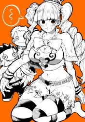 Rule 34 | 1girl, absurdres, belt, blush, breasts, button eyes, buttons, character doll, cleavage, commentary request, crop top, cropped shirt, crown, doll, dracule mihawk, greyscale with colored background, groin, highres, large breasts, midriff, monochrome, navel, one piece, orange background, orange eyes, pantyhose, perona, pout, ribbon, roronoa zoro, simple background, skirt, solo, speech bubble, spot color, striped clothes, striped pantyhose, stuffed toy, sweatdrop, thighs, twintails, yotsumi shiro