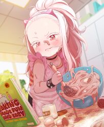 apron arianna_seya(born-to-die) black_choker blush born-to-die bracelet choker closed_mouth cooking cracked_egg egg hairband highres indoors jewelry long_hair mixing_bowl original pink_hair pink_hairband reading red_eyes spiked_bracelet spikes sweat tearing_up upper_body whisk